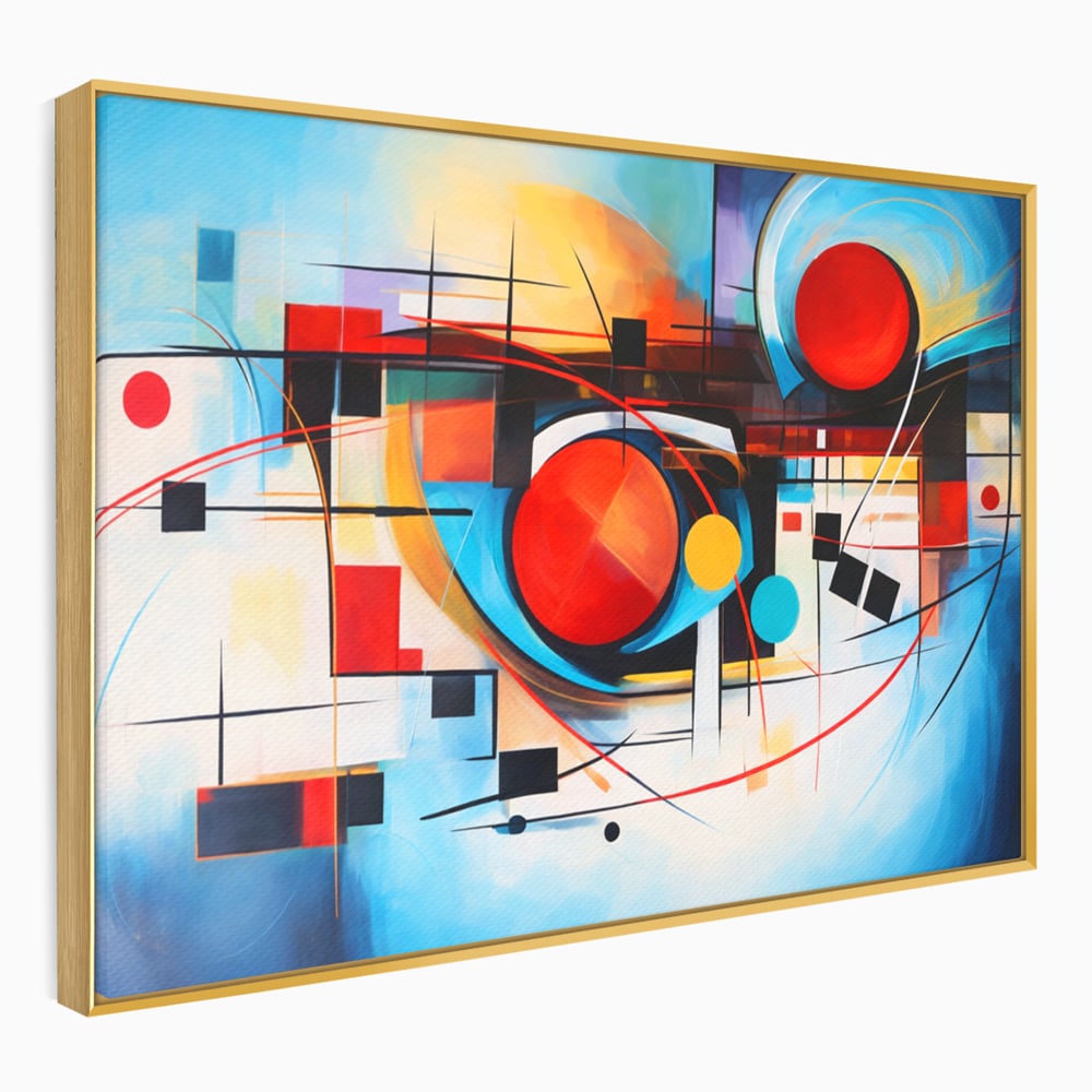 Tablou canvas cu pictura abstracta cu cercuri si linii, in rama de aluminiu auriu